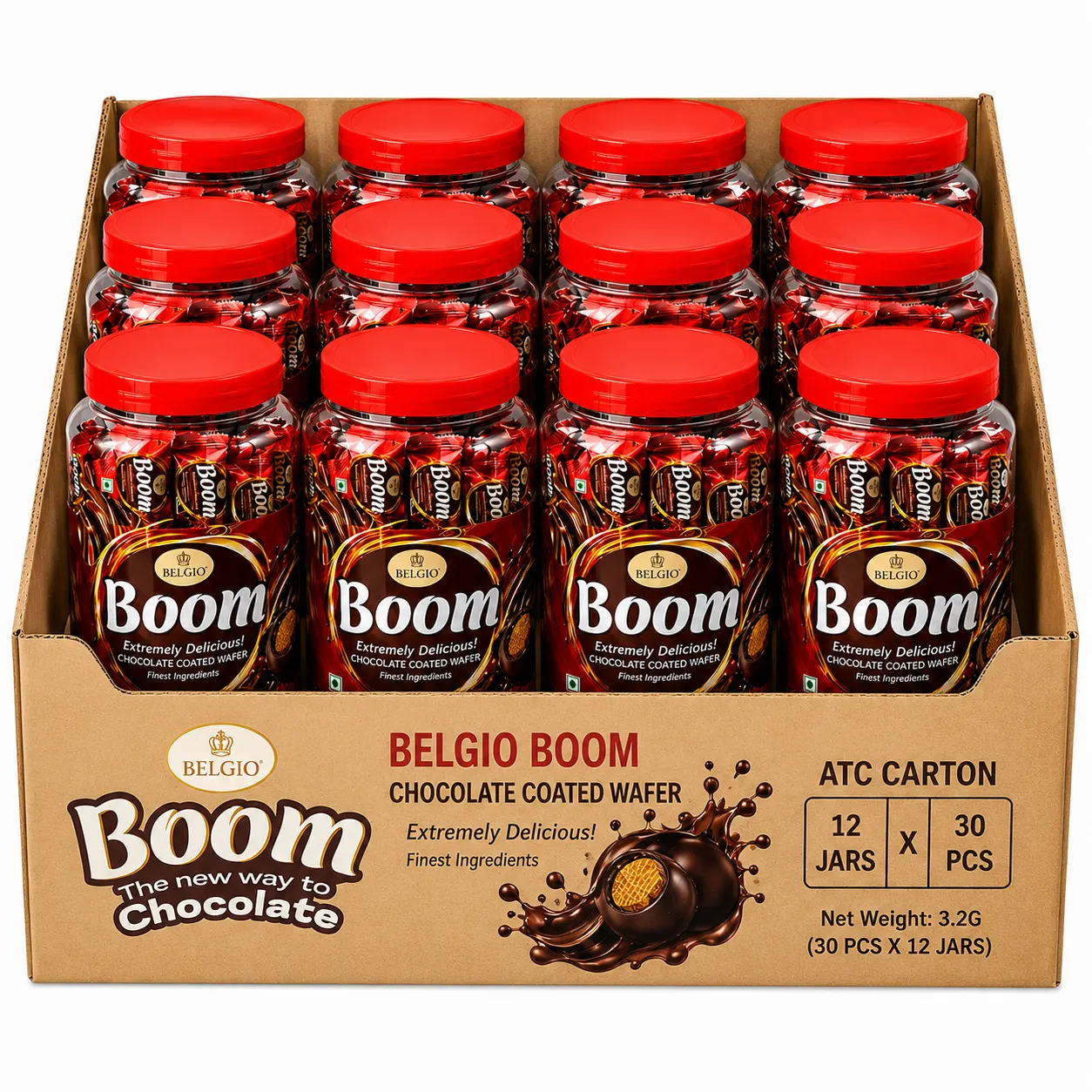 PRAN BELGIO BOOM CHOCOLATE COATED WAFER - JAR - CARTON